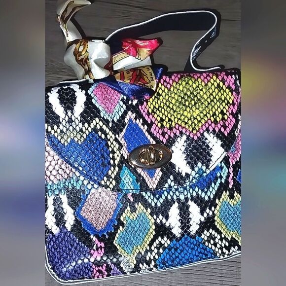 Women's Mini Snakeskin Embossed Handbag, Twilly Scarf Decor Flap - Picture 2 of 12